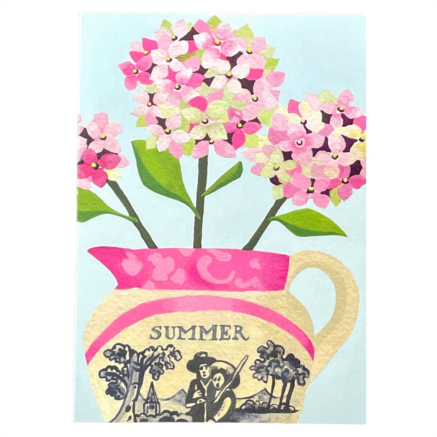 greeting card of a painting of pink hydrangeas in a cream and pink Lustreware jug, pale blue backdrop by Susie Hamilton