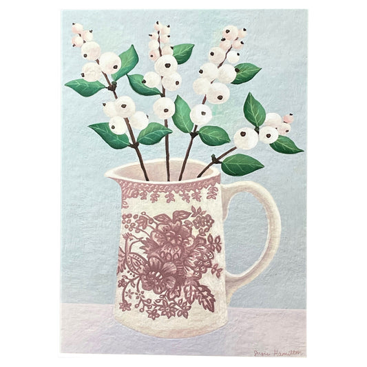 greeting card of a painting of white snowberries in a cream and pink patterned jug, pale grey background by Susie Hamilton