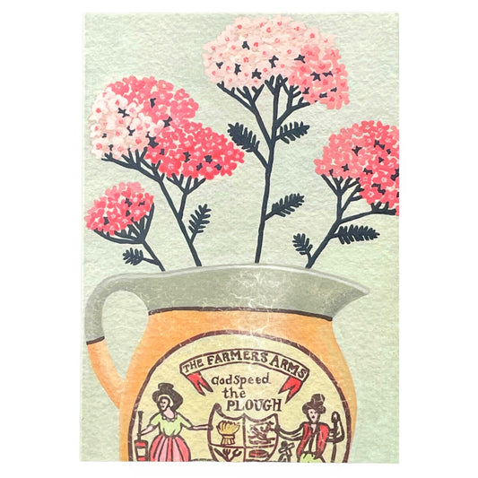 greeting card of a painting of stems of pink yarrow in a harvest themed jug by Susie Hamilton